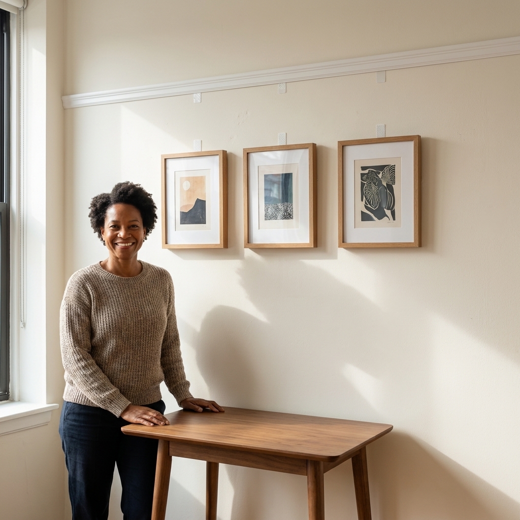 A minimalist studio wall with lightweight picture molding installed near the ceiling, with a few framed prints hung below using removable strips and a compact dining table pushed against the wall