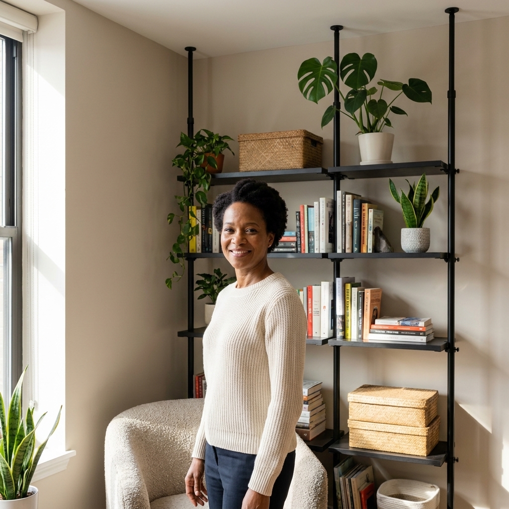 A modern living room corner with a black tension-pole shelving unit reaching from floor to ceiling, styled with books, plants, and storage boxes