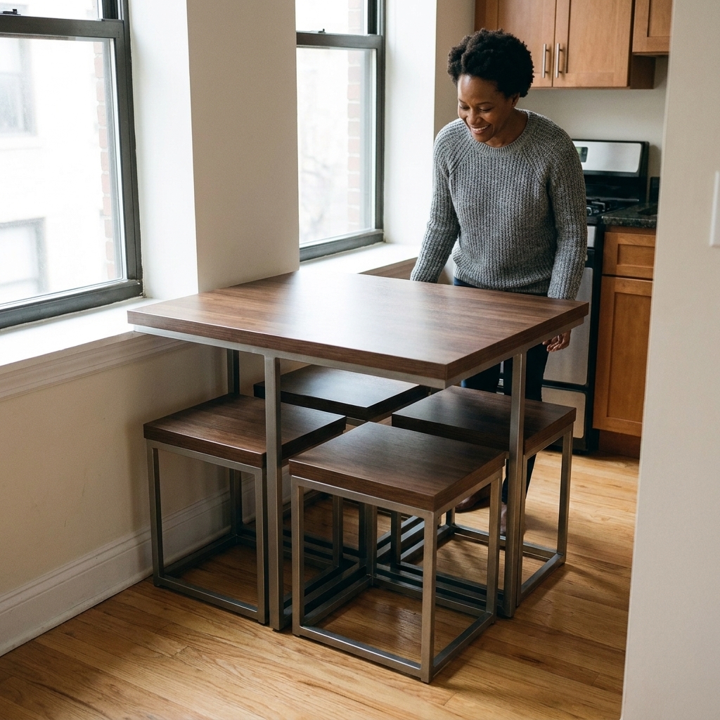 A modern nesting dining table with three stools fully tucked underneath in a small apartment kitchen corner