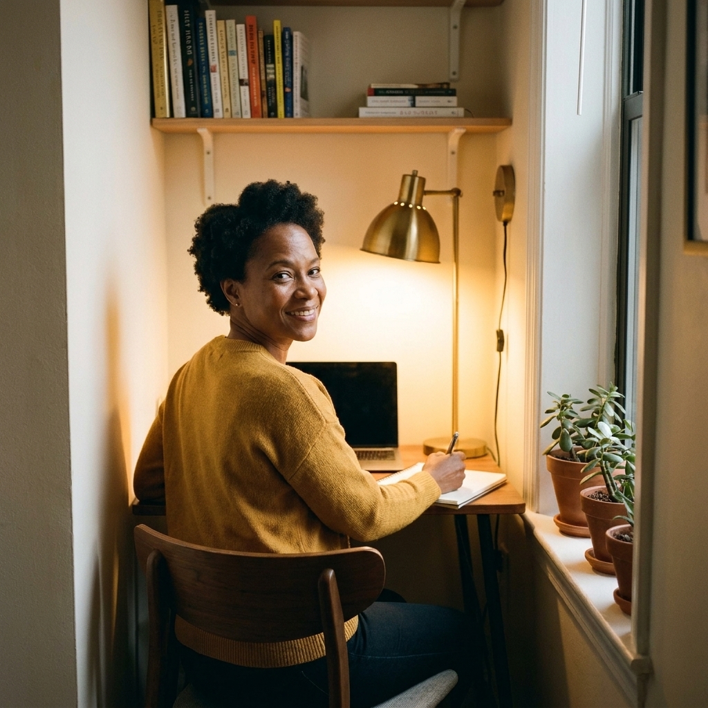A narrow apartment alcove converted into a compact desk nook with a slim desk, a tucked-in chair, a wall shelf, and a warm task lamp