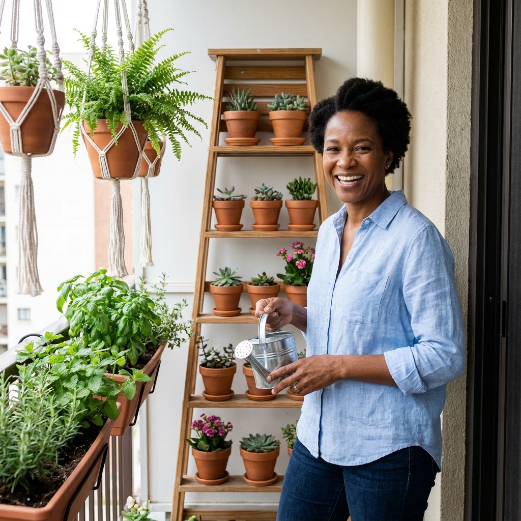 A narrow apartment balcony with a freestanding ladder-style plant stand holding small terracotta pots, plus hanging planters and herbs in railing planters