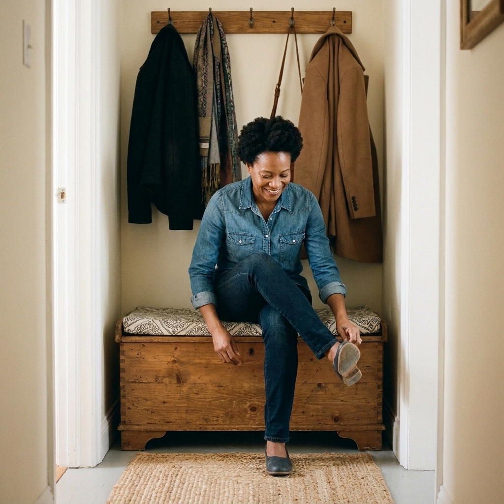 A narrow apartment entry corner with a wood storage bench, a cushion on top, a wall hook rack above, and a small rug on the floor