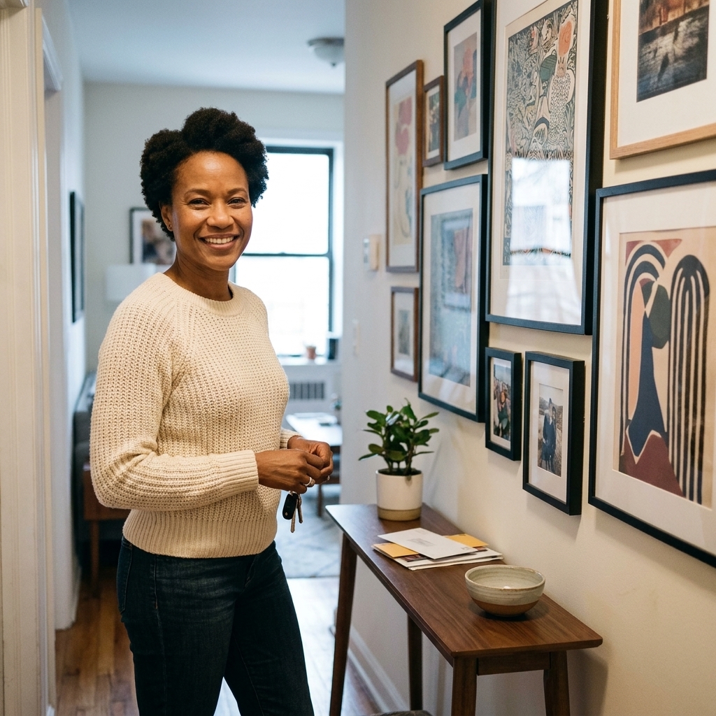 A narrow apartment entryway with a curated gallery wall on the side wall and a slim console table beneath it.