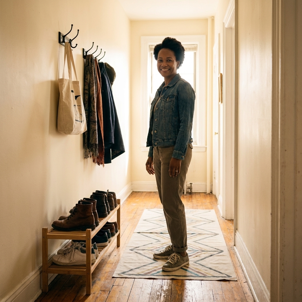 A narrow apartment entryway with a painted canvas floor cloth runner on top of worn flooring, with a shoe rack and wall hooks nearby