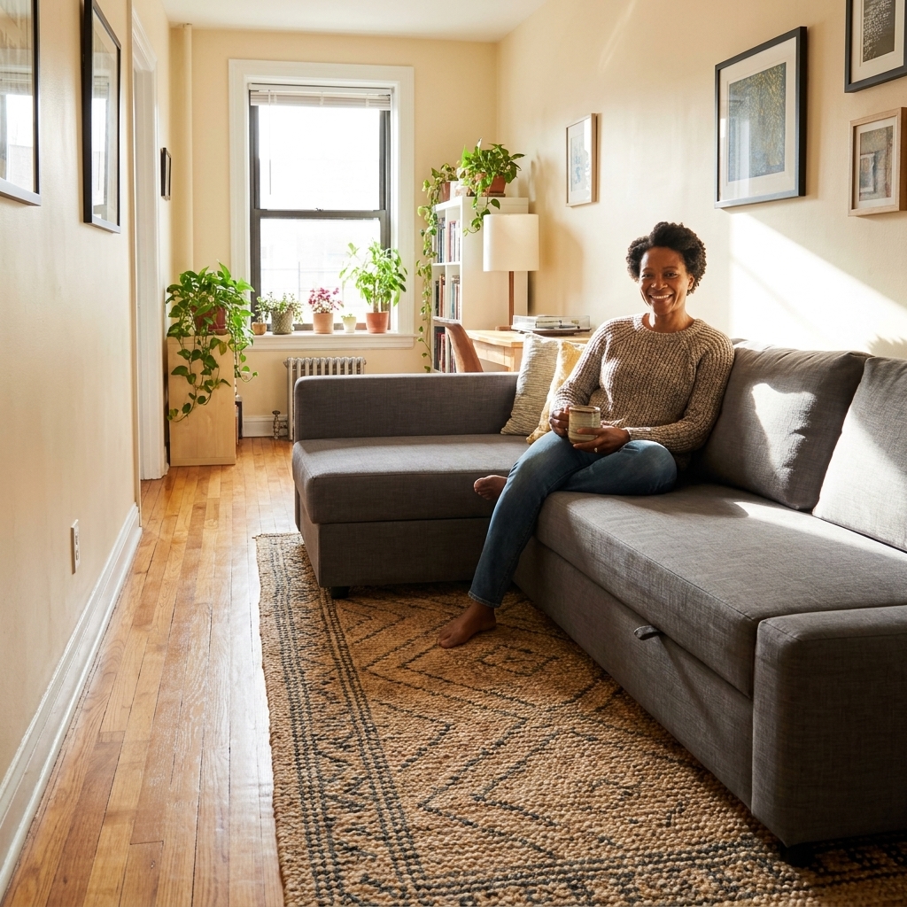 A narrow apartment living room with a small L-shaped sectional anchored on a large rug, leaving a walkway along one side