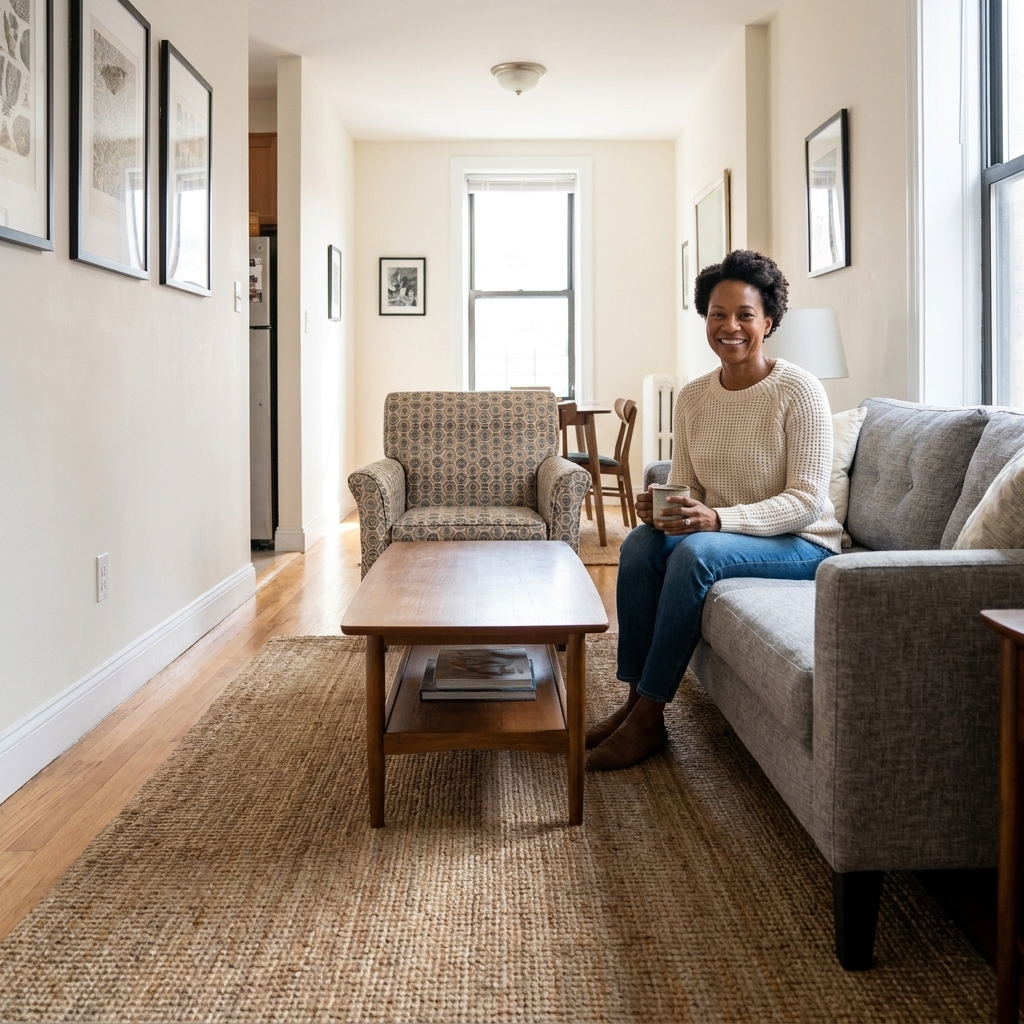 A narrow apartment living room with a sofa and accent chair placed with their front legs on a large rug, coffee table centered, and a clear walkway along one side.