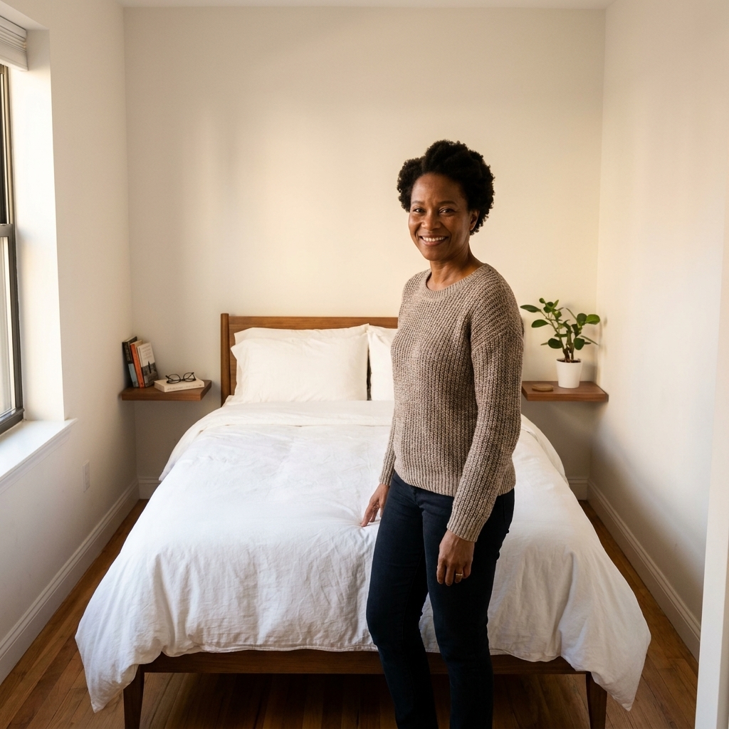 A narrow bedroom with a queen bed centered on the back wall, slim wall shelves used as nightstands, and a clear walkway on both sides