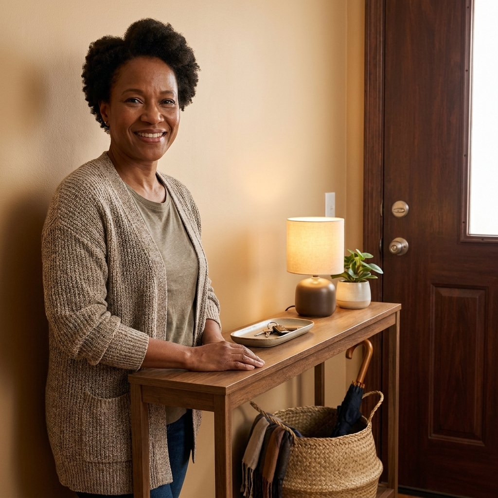A narrow console table placed beside an apartment front door with a small tray for keys, a compact lamp, and a woven basket tucked underneath