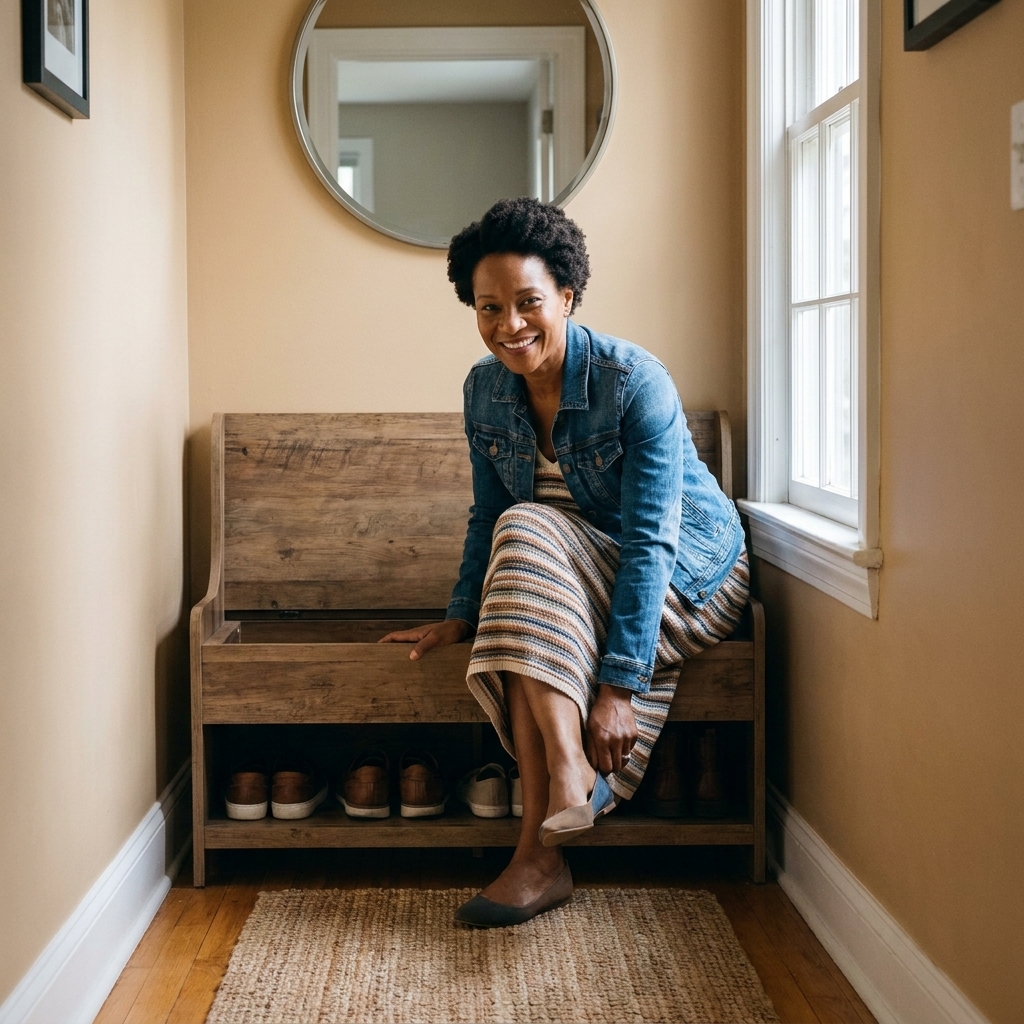 A narrow entryway with a wood storage bench under a wall mirror, shoes tucked away inside the bench compartment