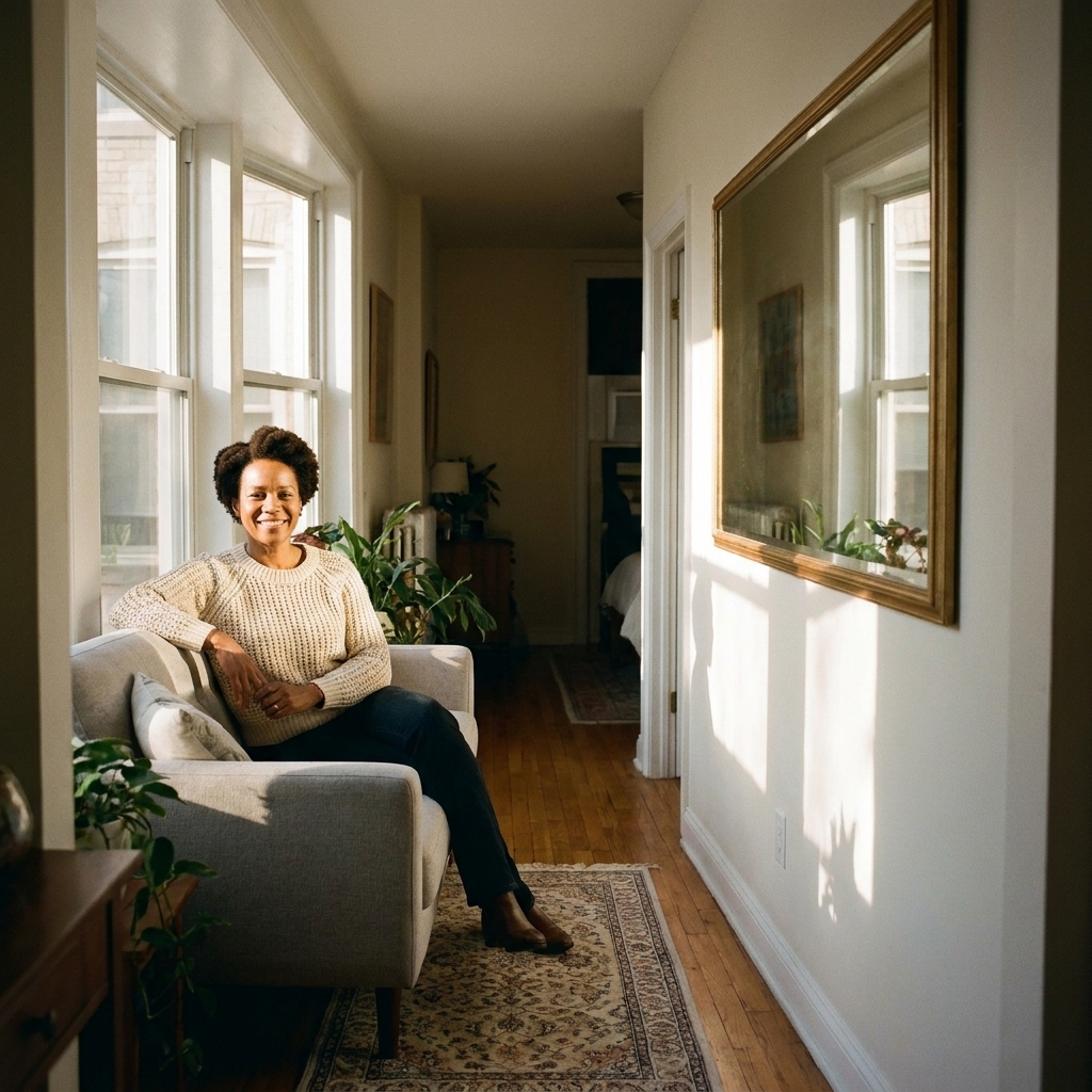 A narrow living room with a large mirror mounted on the wall opposite a bright window, reflecting natural light across the seating area