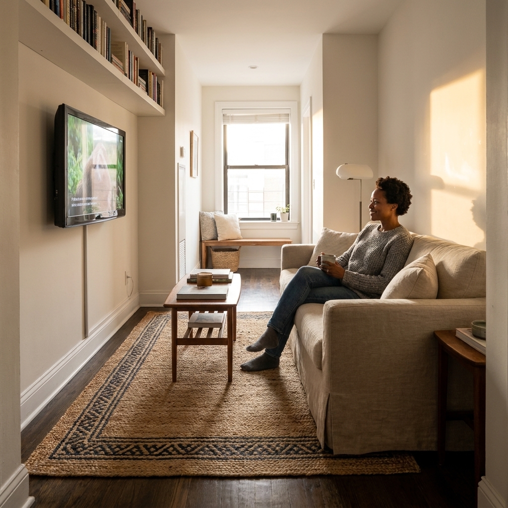 A narrow living room with a sofa along one wall and a wall-mounted TV on the opposite wall, with a narrow rug defining the seating area