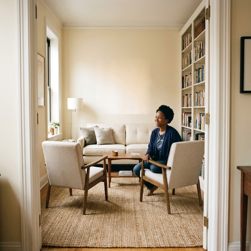 A narrow living room with a sofa centered on the far short wall and two slim chairs in the middle facing it, creating a defined seating zone