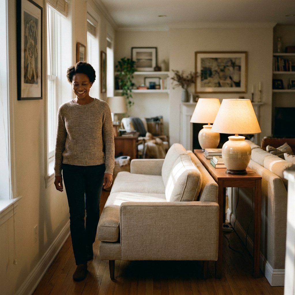 A narrow living room with a sofa floated in the center, a slim console table behind it with two lamps, and a clear walking path along the wall