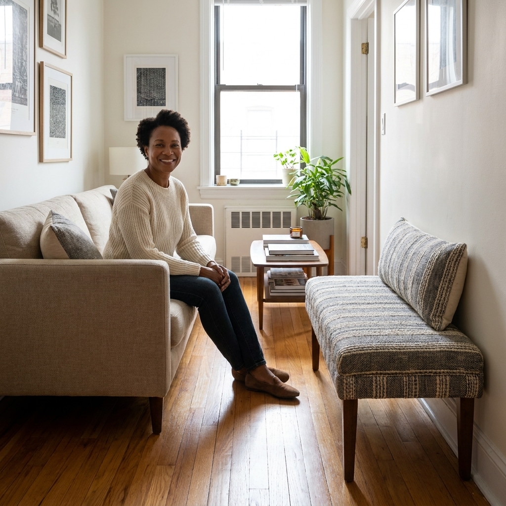 A narrow living room with a sofa opposite a backless upholstered bench, creating extra seating while maintaining an open walkway