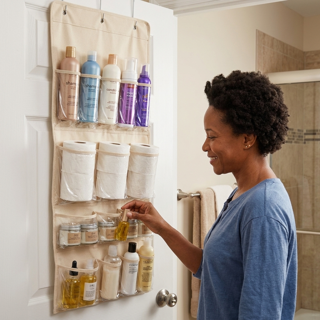 A narrow over-the-door organizer hanging on a bathroom door, holding hair products, extra toilet paper, and small bottles in tidy compartments
