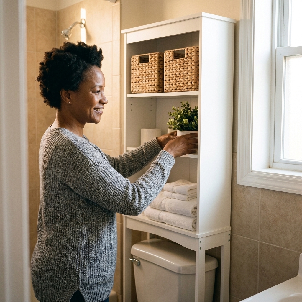 A narrow over-the-toilet storage shelf in a small rental bathroom with woven baskets, a small plant, and neatly stacked towels