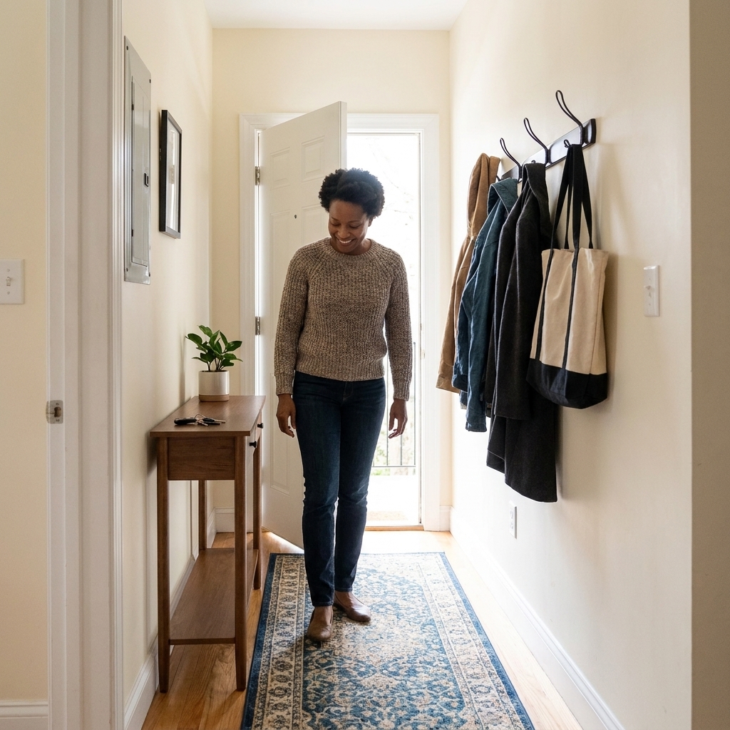 A narrow runner rug placed inside a small apartment front door, defining the entry zone beside a slim console and wall hooks