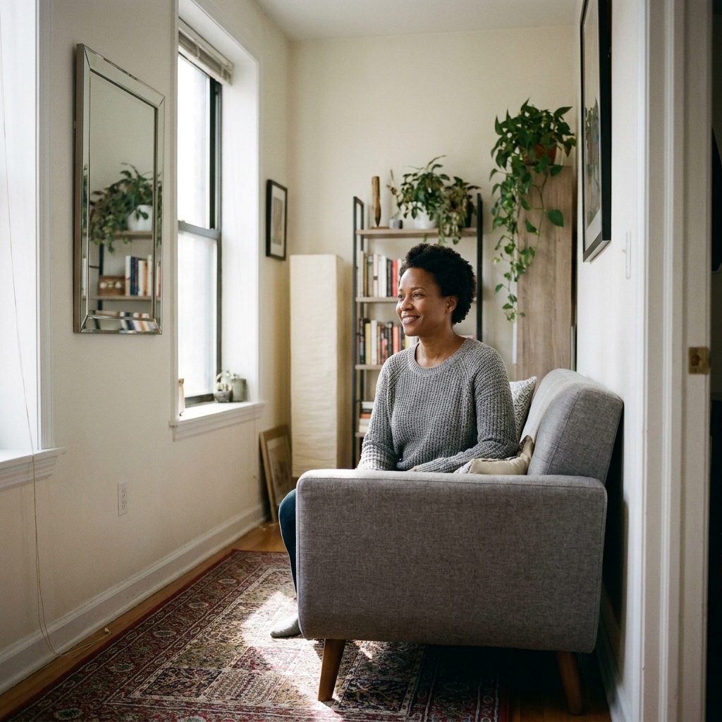 A narrow studio living area with a medium sized rectangular mirror hung on the wall beside a window, reflecting daylight across a small sofa and rug