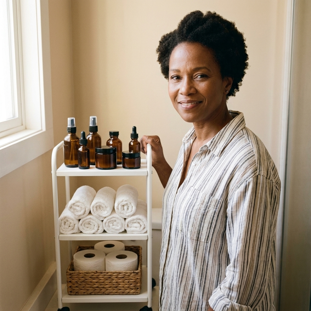 A narrow white rolling cart in a small bathroom holding neatly arranged skincare bottles, rolled washcloths, and a small basket of toilet paper