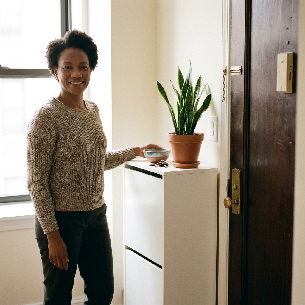 A narrow white shoe cabinet placed beside an apartment door with a small bowl for keys on top and a plant next to it