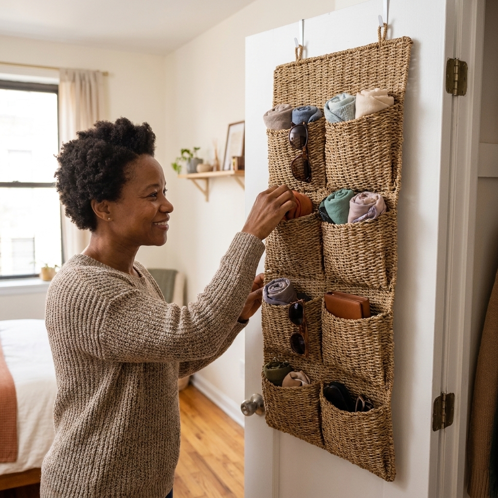 A natural seagrass over-the-door pocket organizer hanging on a white closet door, holding scarves and small accessories in a tidy small apartment