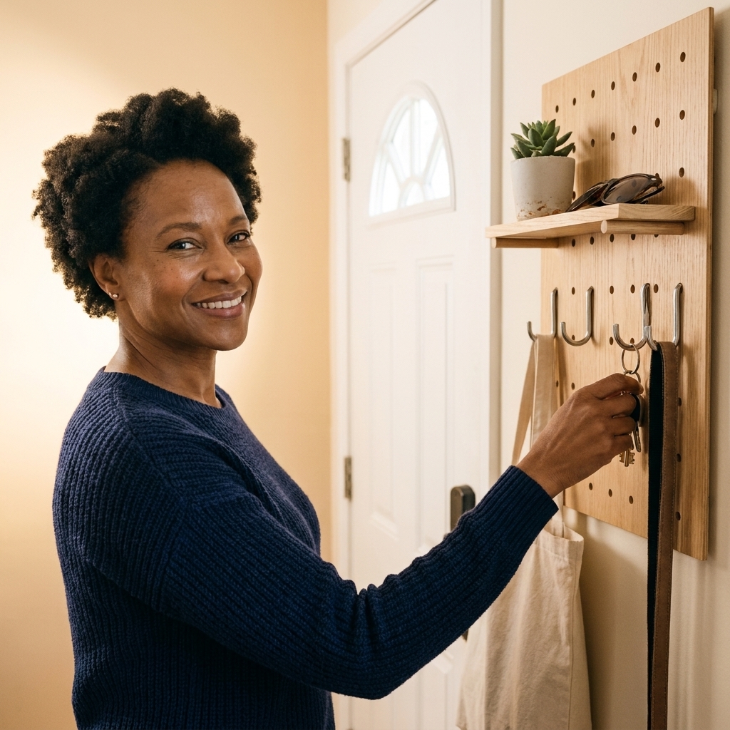 A pegboard mounted on a wall next to a front door holding hooks, a small shelf, and hanging accessories like keys and a tote bag