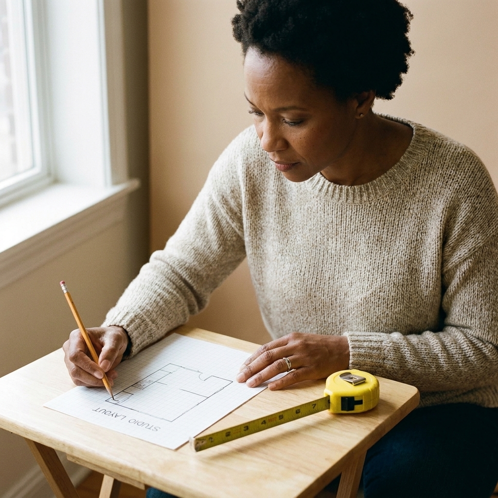 A person at a small table drawing a simple studio layout on graph paper with a tape measure nearby