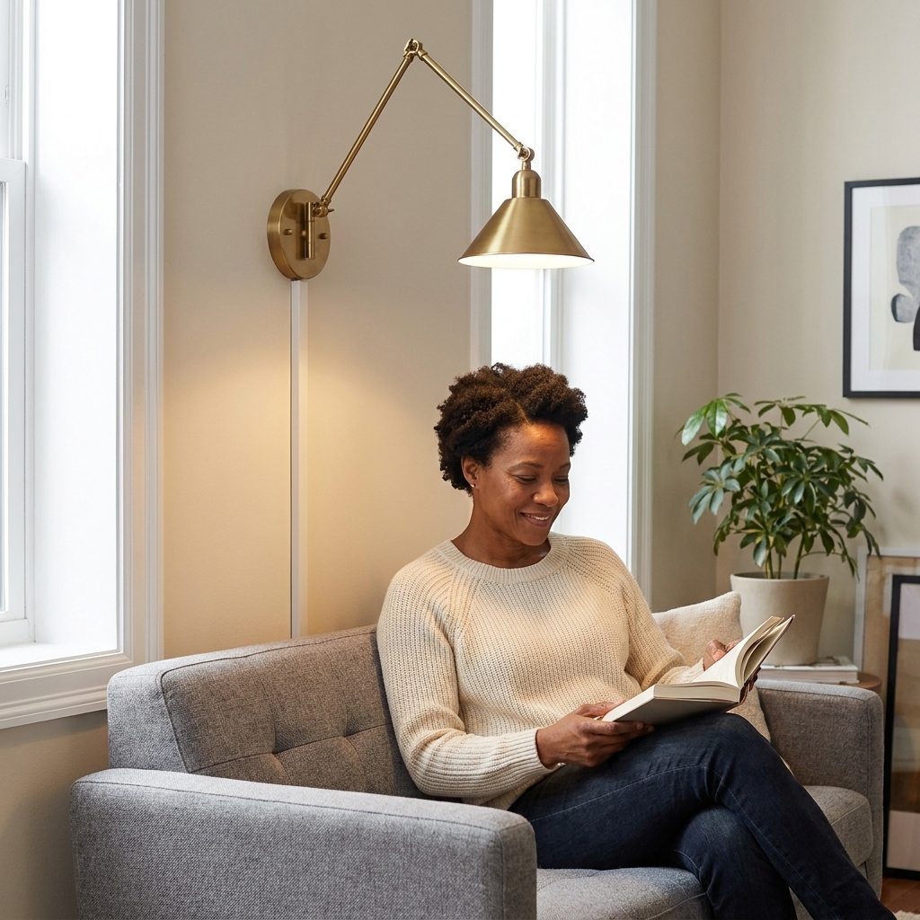 A plug-in swing-arm wall sconce installed above a small sofa, angled downward for reading, with the cord concealed in a paintable wall cover