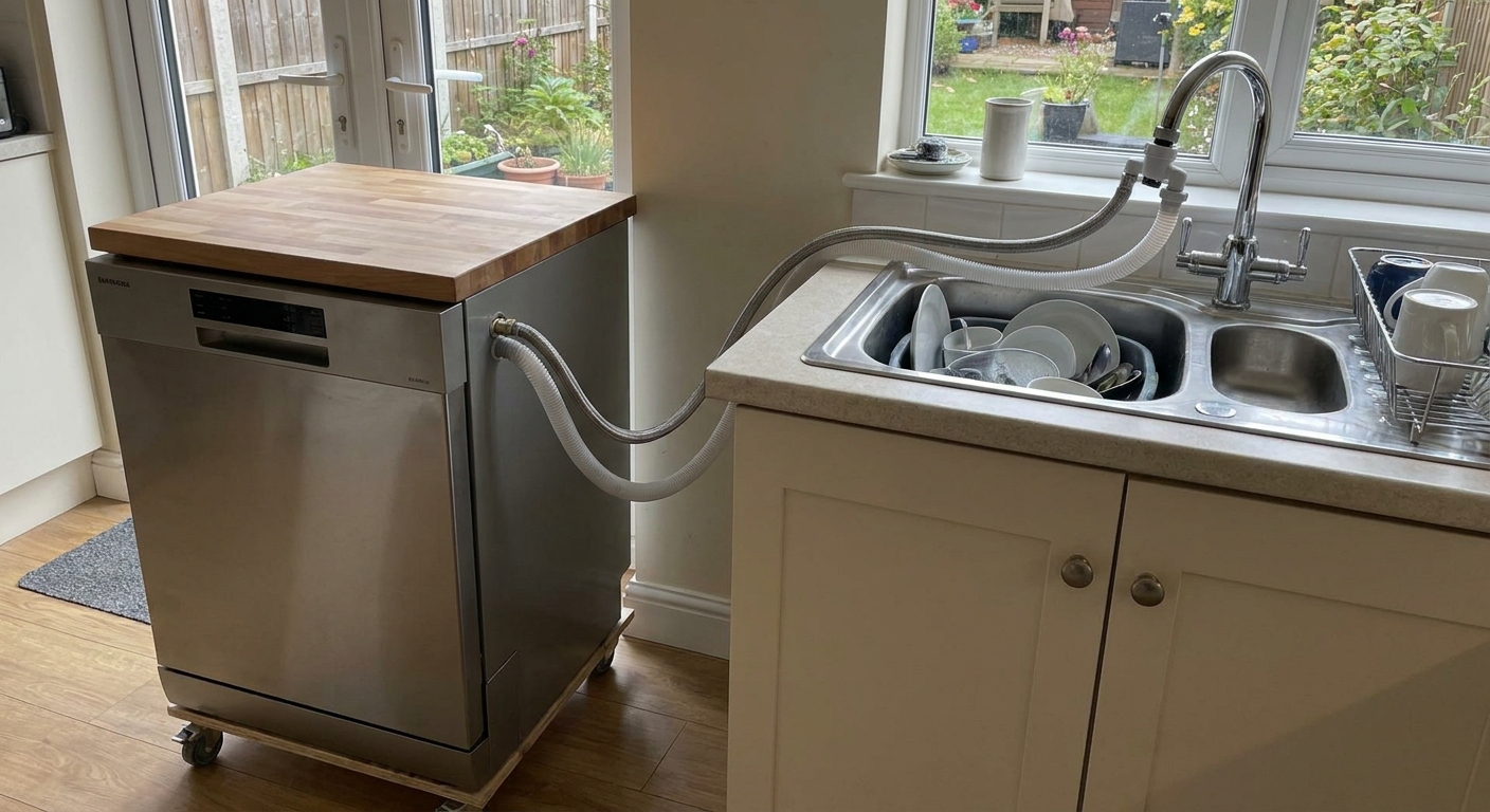 A portable rolling dishwasher positioned near a kitchen sink with its inlet and drain hose routed up to the faucet area, showing a clear path without kinks