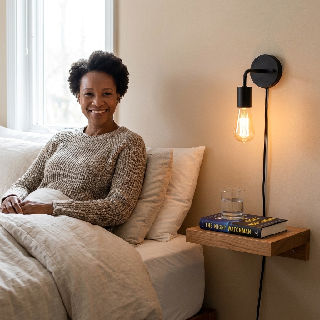 A queen bed with a compact floating shelf used as a nightstand, holding a book and a glass of water, with a plug-in wall sconce above