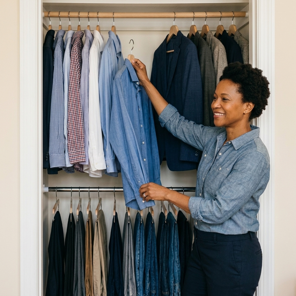 A reach-in closet interior showing a standard closet rod with a tension rod installed below it, creating two levels of hanging space for shirts and pants