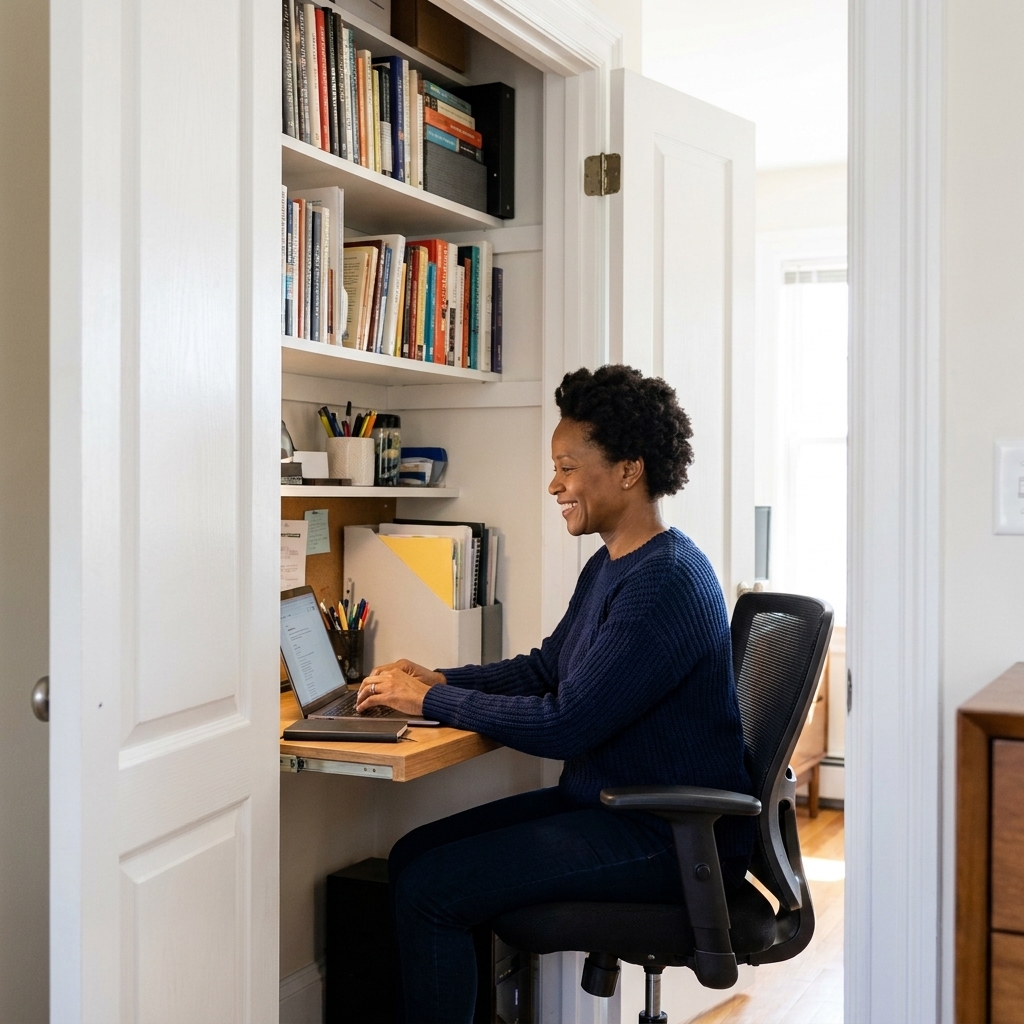 A reach-in closet repurposed as a compact workspace with a slim desk surface, a task chair, and neatly organized shelves