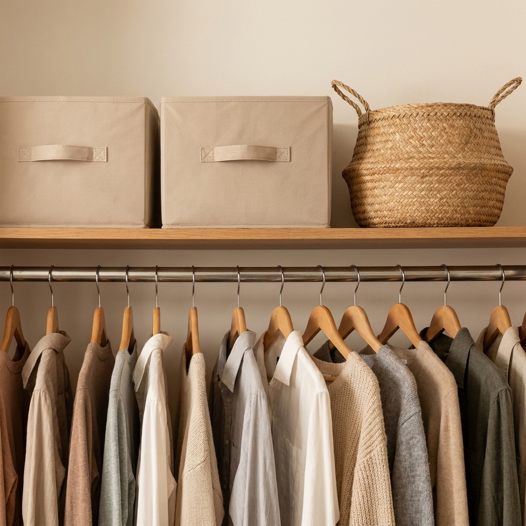 A reach-in closet top shelf with two neutral fabric bins and one woven basket neatly arranged above hanging clothes