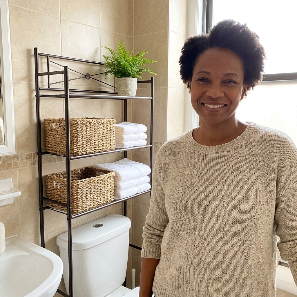 A real-life bathroom scene showing a freestanding over-the-toilet shelving unit with woven baskets, folded white towels, and a small plant on the top shelf