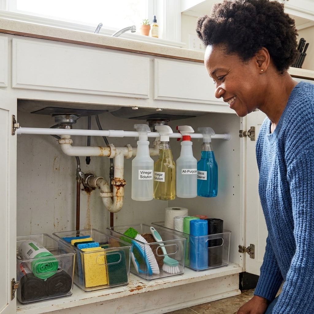 A rental kitchen sink cabinet with a tension rod holding cleaning spray bottles and bins neatly arranged on the cabinet floor