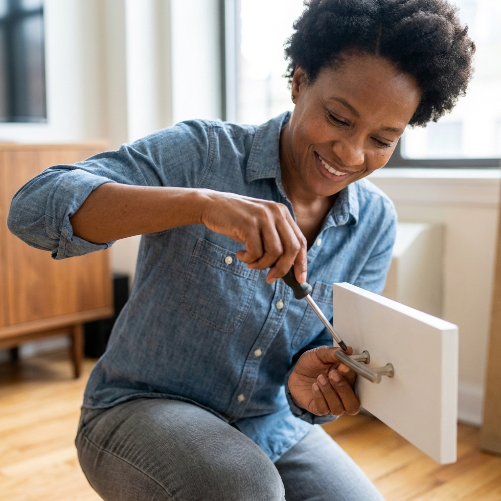 A renter installing a modern drawer pull with a screwdriver on a small white drawer front