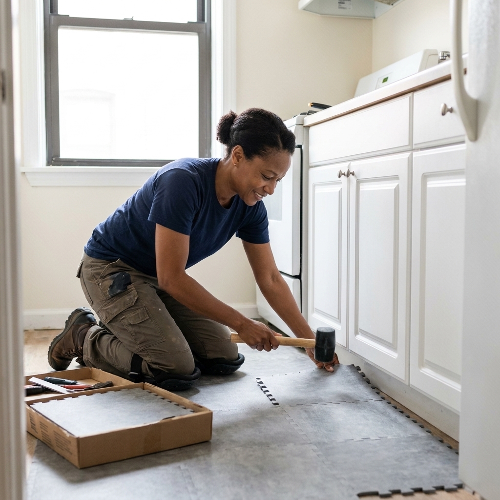 A renter installing interlocking vinyl floor tiles in a small apartment kitchen, tiles partially assembled near a cabinet base