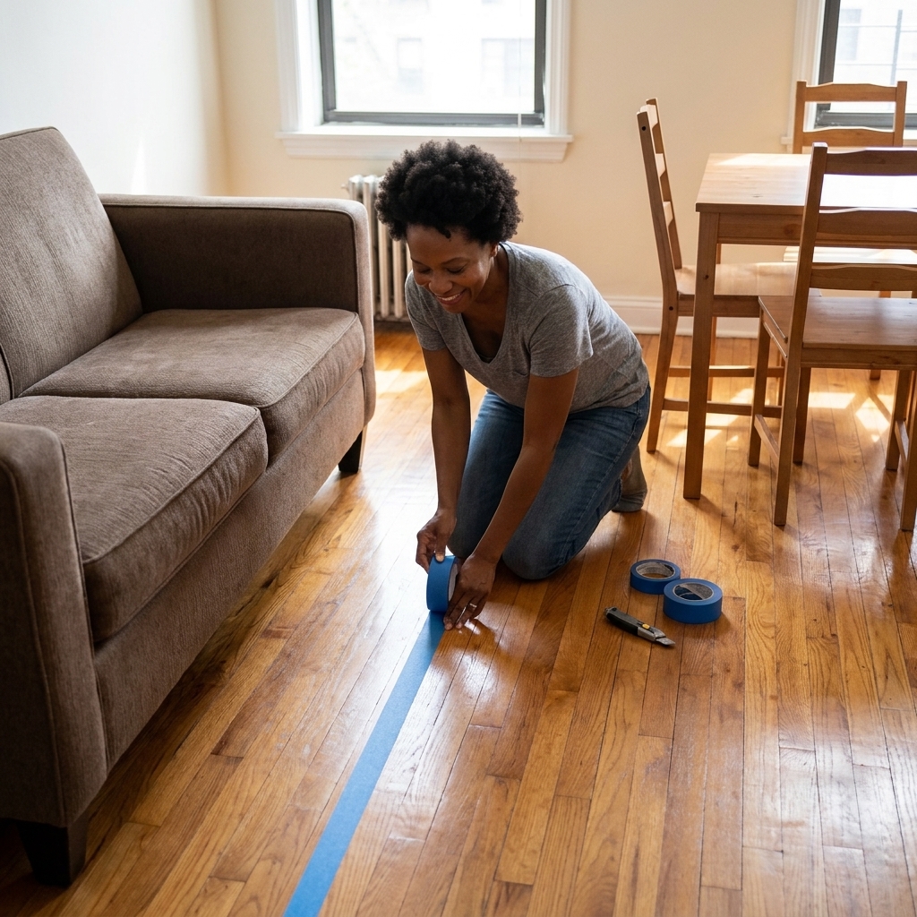 A renter marking walkways with blue painter’s tape on a hardwood apartment floor between a sofa and a dining table