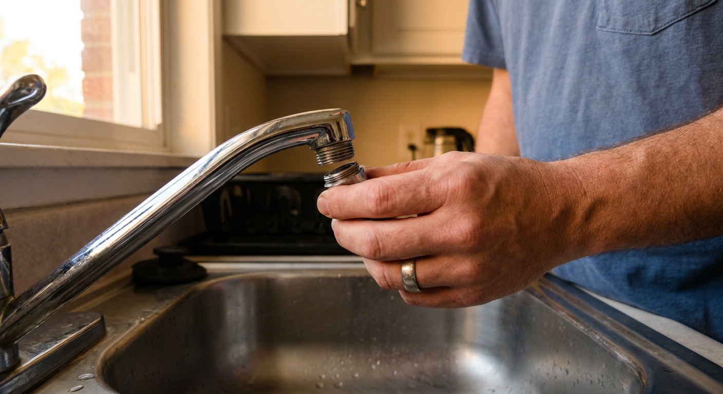 A renter unscrewing a sink faucet aerator by hand over a stainless steel sink, showing the faucet tip with threads exposed
