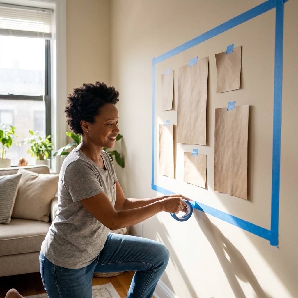 A renter using painter’s tape to outline a rectangular gallery wall boundary on a living room wall, with paper templates taped up to plan placement.