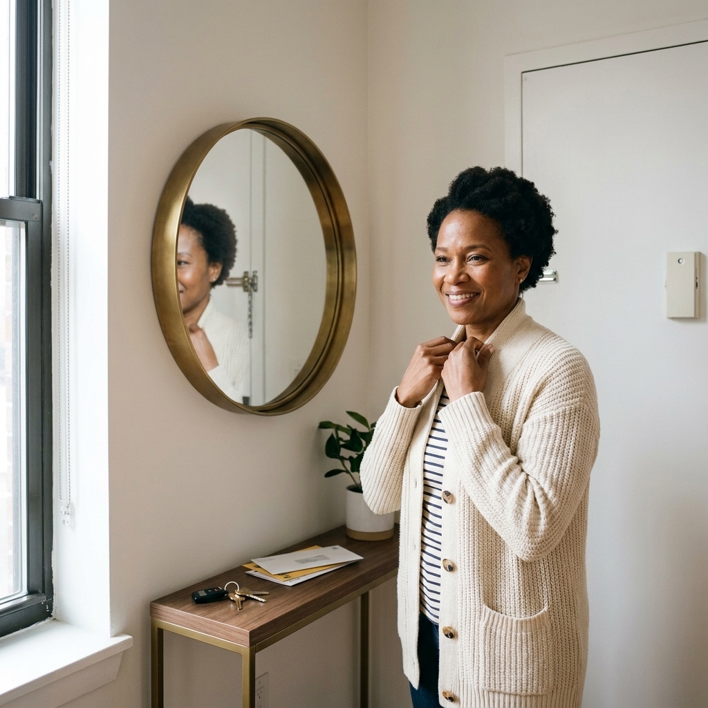 A round mirror mounted above a slim console table near an apartment door, reflecting daylight and making the entry corner feel brighter