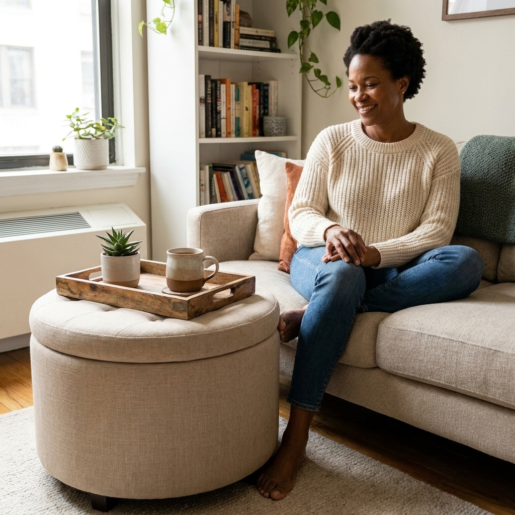 A round upholstered storage ottoman in a compact living room, styled with a wooden tray and a mug on top