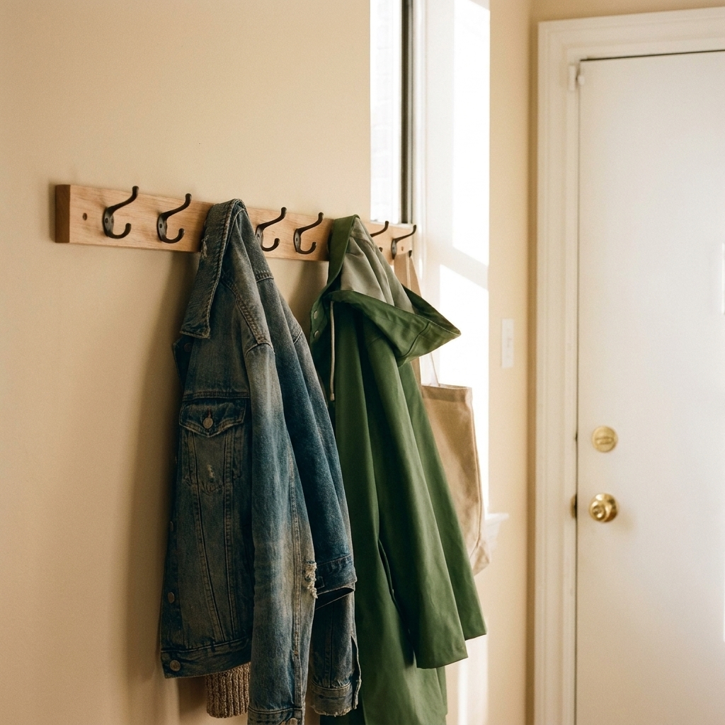 A simple wooden wall rail with several metal hooks holding jackets and a tote bag beside an apartment door