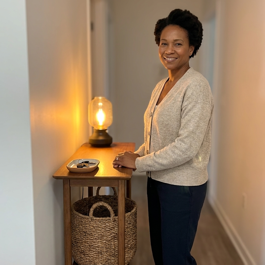 A slim console table in a narrow hallway entry with a small catchall tray, a lamp with a warm bulb, and a woven basket on the lower shelf