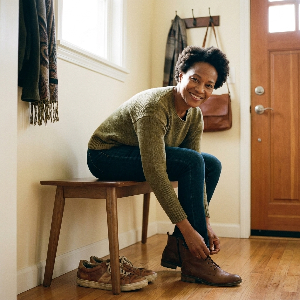 A slim entryway bench against a wall near a front door with a couple pairs of shoes tucked underneath