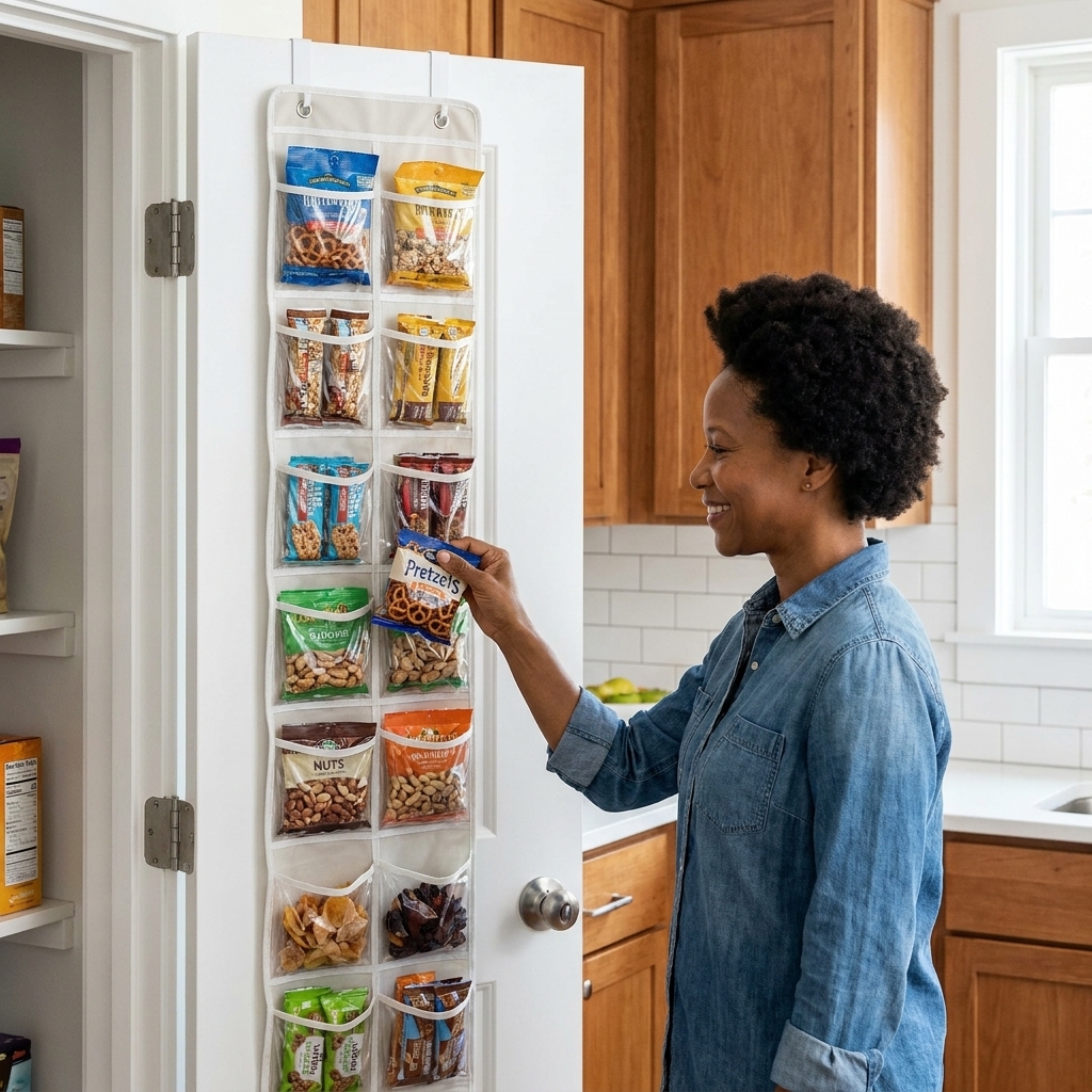 A slim over-the-door organizer with clear pockets on a kitchen pantry door, filled with neatly grouped snack packets and small items