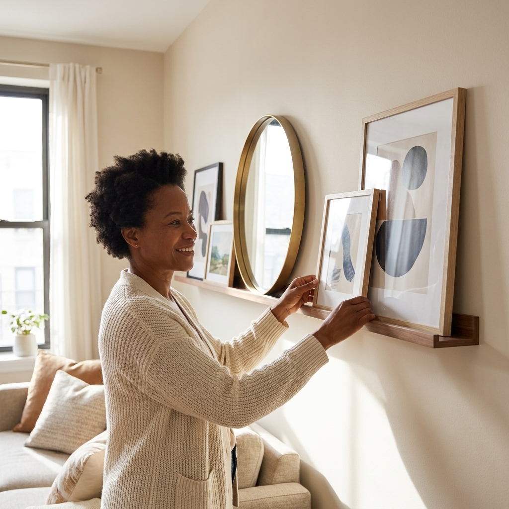 A slim picture ledge mounted on a living room wall holding layered framed art and a medium mirror, styled in a small apartment