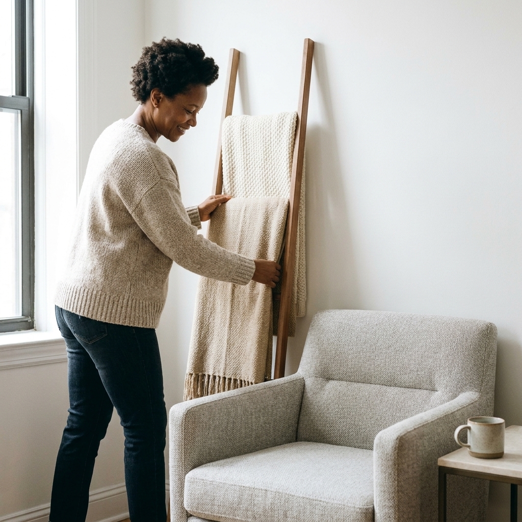 A slim wooden blanket ladder leaning against a white wall in a small apartment living room, holding two neutral throws beside a compact armchair