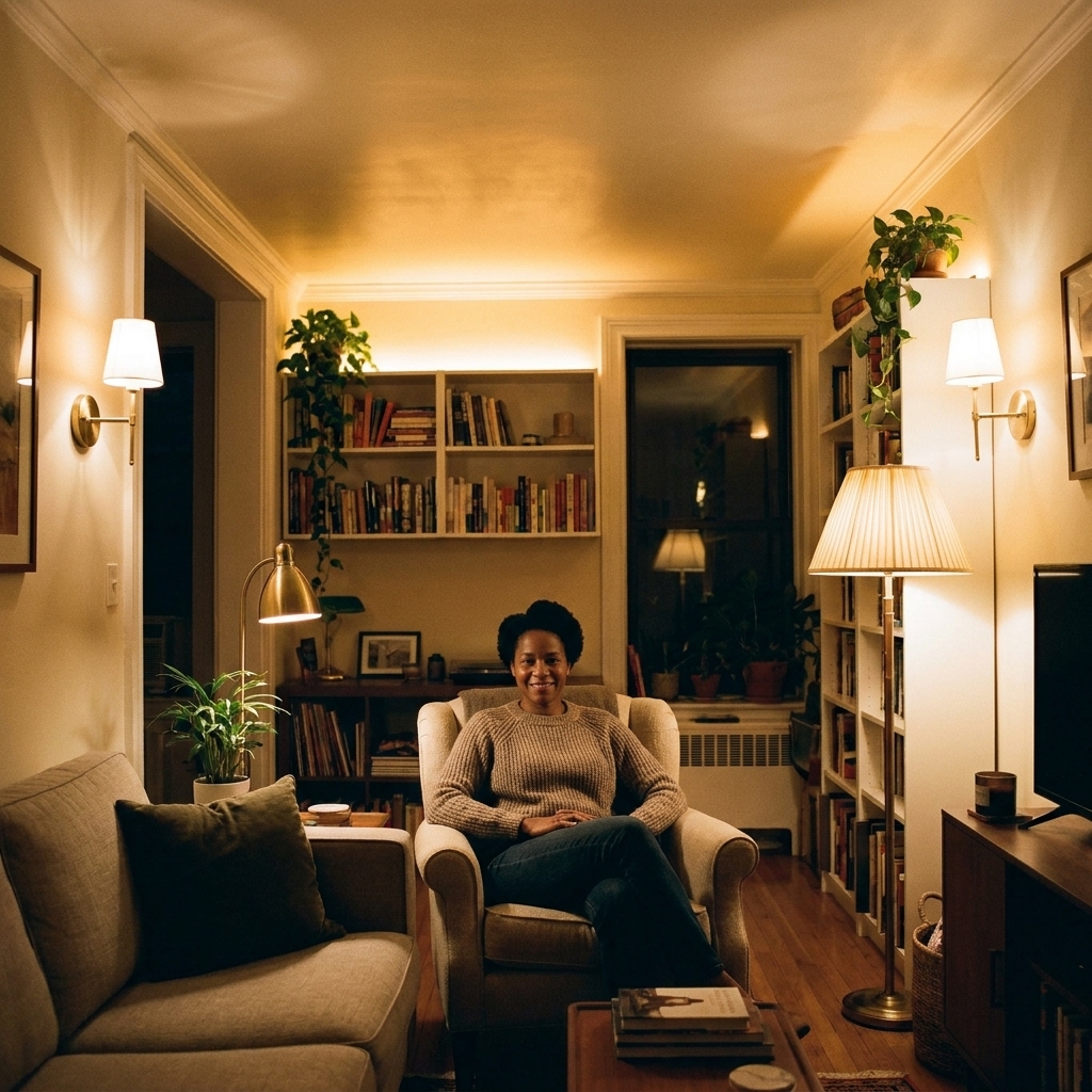 A small apartment at night with layered lighting from wall sconces, a floor lamp, and soft uplighting that makes the low ceiling feel higher