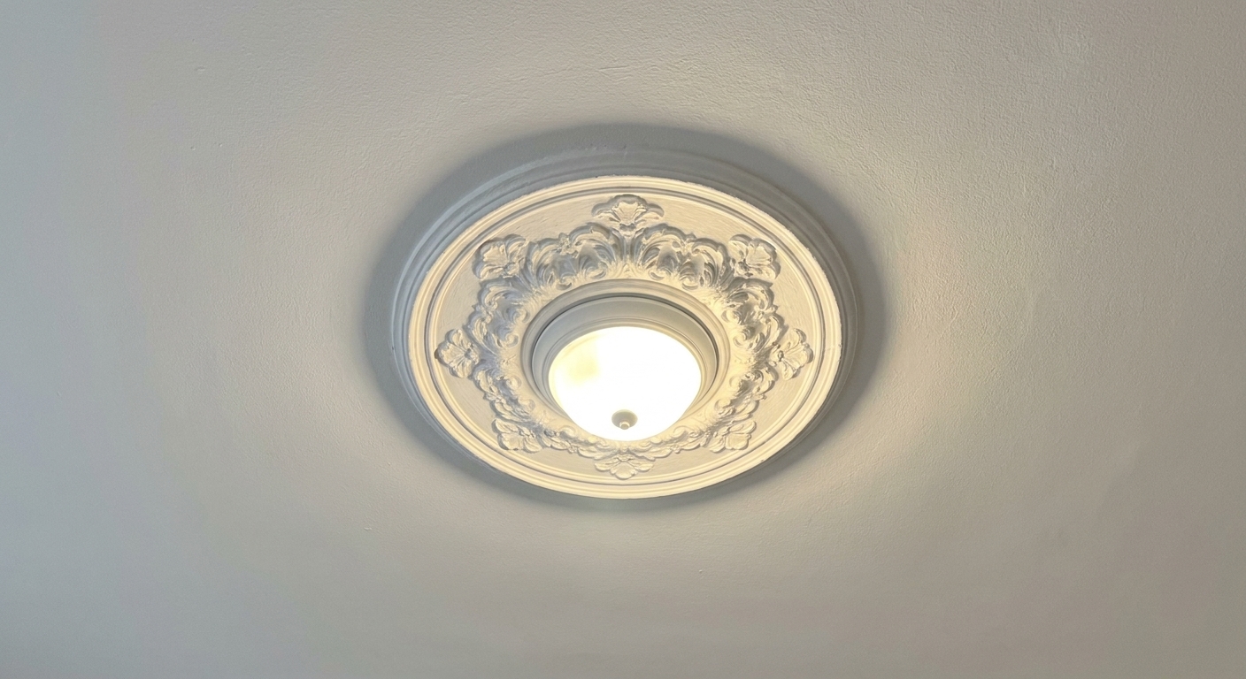 A small apartment ceiling with a lightweight decorative medallion installed around a simple flush-mount light fixture, the medallion painted the same white as the ceiling